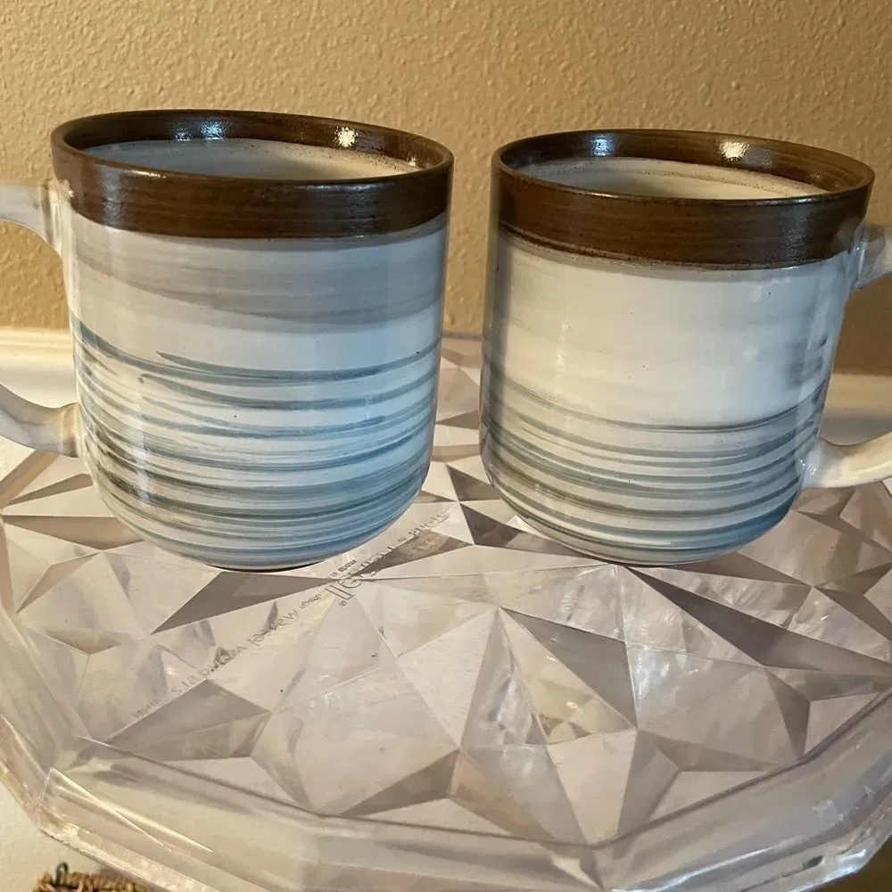 Dash of That Tracey Stoneware Mugs set of 2 Brown and Blue Swirl New Never Used!